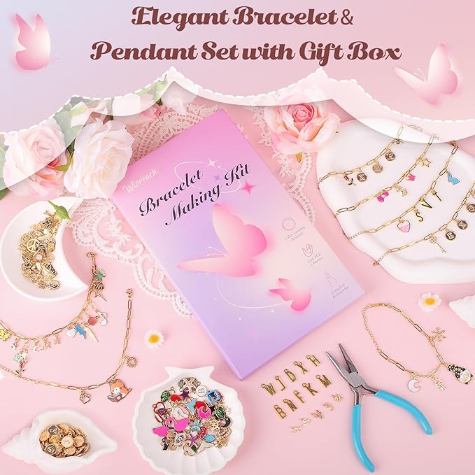 wisreach 417 pcs stainless steel gold charm bracelet making kit, diy jewelry making supplies with paperclip chain bracelets, charms & jump rings, starter craft kit, women & beginners