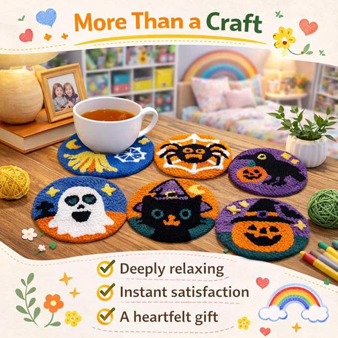 Halloween Punch Needl Kit for Adults Beginners, Easy Embroidery Punch Coaster Starter Set with Instruction – Fun Needle Point Craft for Table Decor & Festival DIY Gifts (6pcs Spooky)