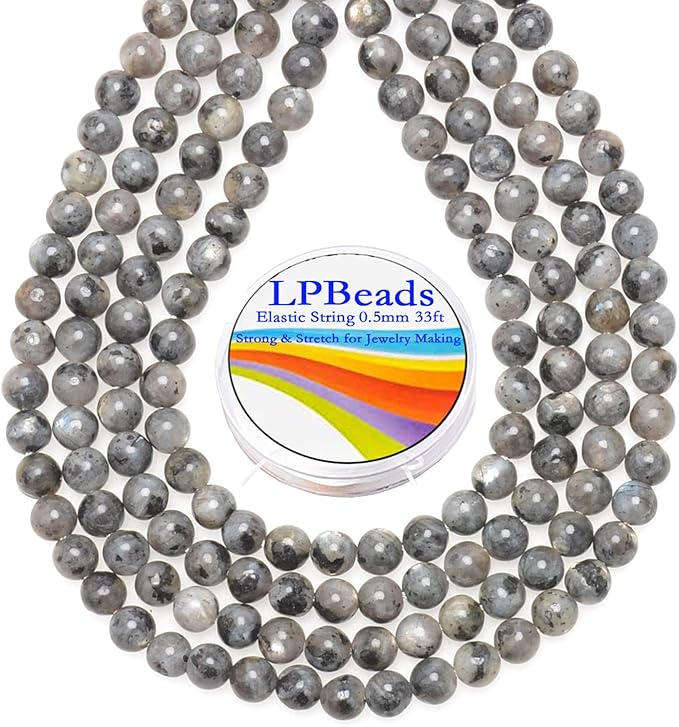 LPBeads 200Pcs Polished 6mm Round Natural Black Larvikite Gemstone Loose Beads with Stretch Cord for Jewelry Making Bracelets