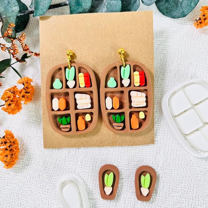 Xaekicr 20pcs Polymer Clay Cutters Display Shelf Set – Miniature Clay Cutters for Polymer Clay Jewelry, Bookshelf Earring Molds with Bottles, Pots and Bowls, Clay Tools for DIY Accessories