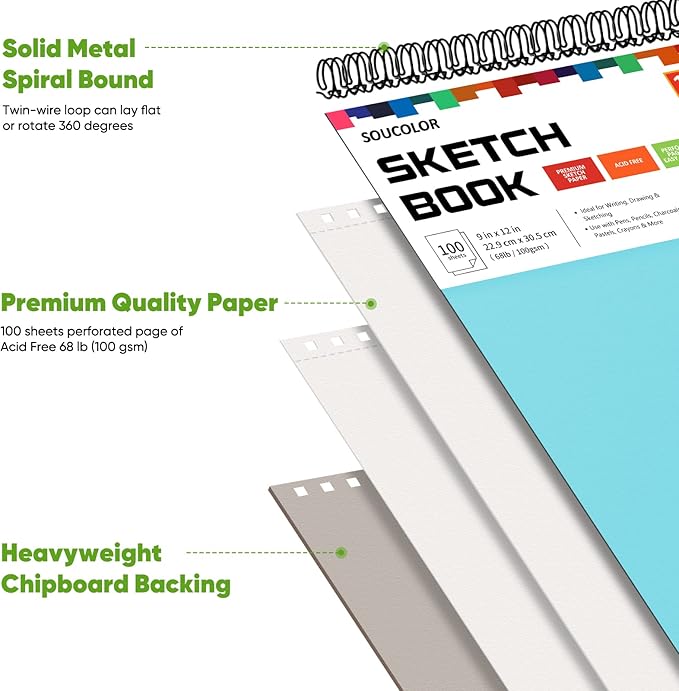 soucolor 9" x 12" spiral bound blank sketch notebook journal book- 1-pack 100 sheets acid-free 68lb/100gsm paper, art sketchbook for painting, doodling, journaling, kids, students, adults, beginners