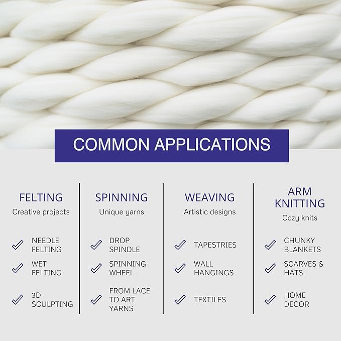 Revolution Fibers Merino Wool Roving 1 lb (16 Ounces) for Spinning | Soft Chunky Jumbo Yarn for Arm Knitting Blanket |100% Natural Undyed (Off-White) Wool Yarn, Felting Core, Carded Stuffing