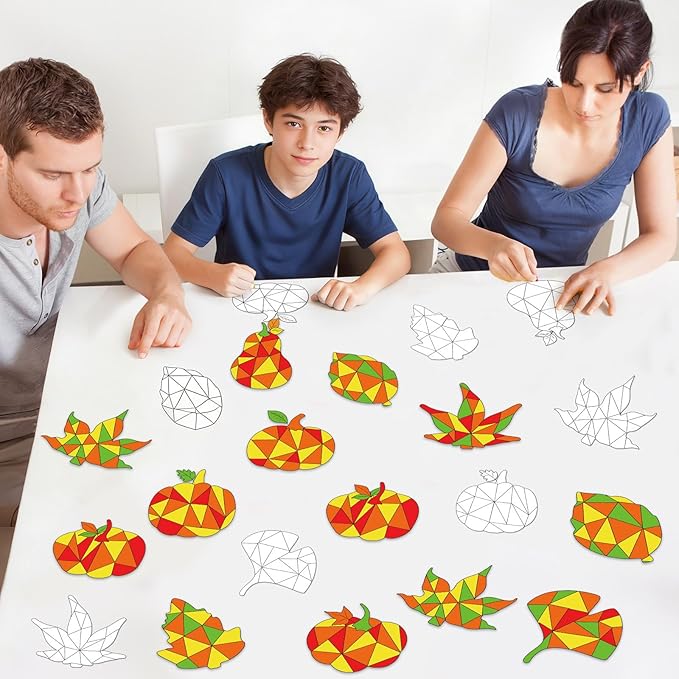 Qyeahkj 30Pcs Thanksgiving Pumpkin Fall Suncatchers Craft Kit DIY Coloring Maple Leaves Art Craft Autumn Window Cling Sticker Window Ornaments Decor Gift for Activities