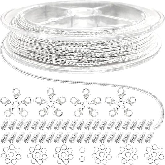 jishi 33ft silver snake chain 1.2mm jewelry making chains for necklace bracelet diy jewelry supplies findings - silver plated round snake cable chain link roll w/lobster clasps, cord ends & jump rings