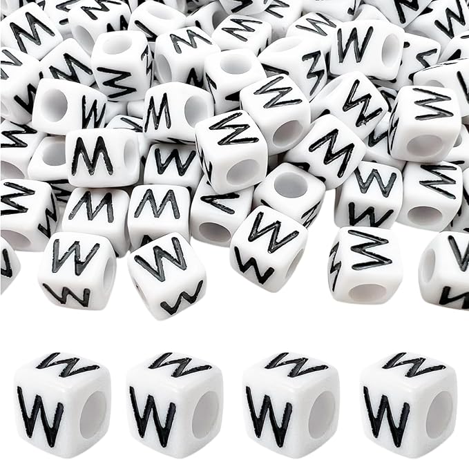 MIIIM 100pcs Pony Beads Letter W for Keychains Making, 6x6mm Large Hole Square Letter Beads for Bracelets Making, Alphabets, Numbers (White and Black)