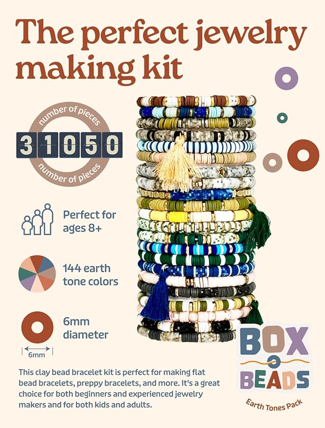 Box-O-Beads Earth Tones Clay Beads Bracelet Making Kit with 31050 Pieces - Friendship Bracelet and Jewelry Making Set in 144 Colors - Complete Bead Craft for Girls and Teens