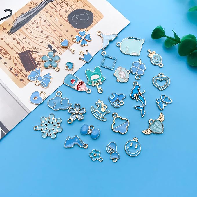 Youdiyla 60pcs Alloy enamel lake blue series fixed set Pendant Jewelry Making DIY Keychain Earrings Pendant Various Design Charms for Jewelry Making Bracelets Necklace (HK552)
