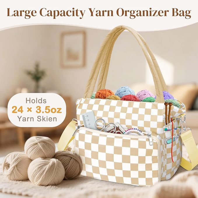 DALINDA Crochet Bag Organizer,Yarn Bag and Tote- Yarn Storage with Multiple Pockets for Crochet Supplies, Knitting Bag for Gifts,Portable & Durable (Brown Plaid)