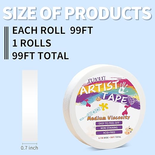 1 Packs Artist Tape Medium Tack White Art Tape for Watercolor Paper Drafting Art Painting Canvas Framing Acid Free Masking Tape- 0.7IN Wide 99FT Long Total