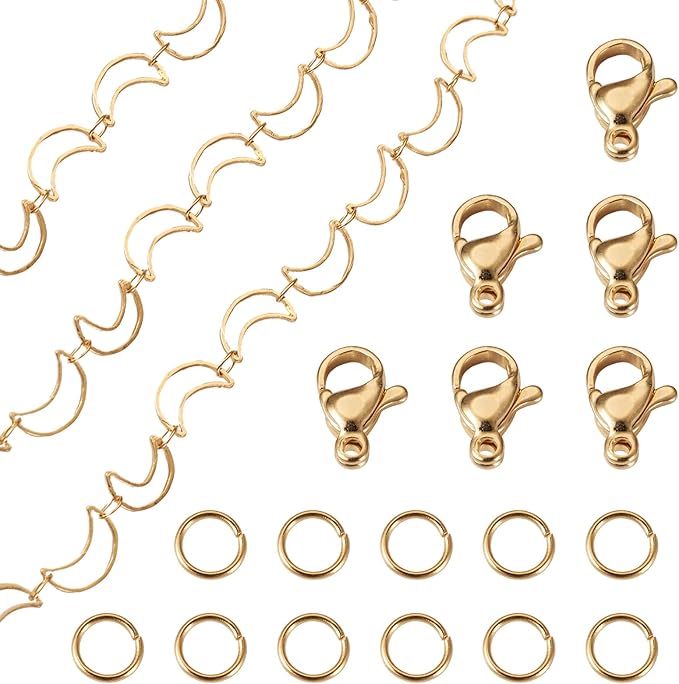 Sparkeads 9.84 Feet(3m) Golden Chain for Jewelry Making,Brass Hollow Moon Link Chains,Golden Link Necklaces for Women, Cable Chain for Bracelet DIY Earring Craft Jewelry Making Kits,10x6x1mm