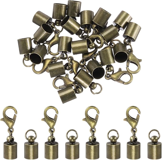 MECCANIXITY Fold Over Cord End Caps Bronze 6mm OD with Crimp Covers Lobster Claw Clasps DIY Jewelry Making for Bracelets and Necklaces Crafting 20 Pcs