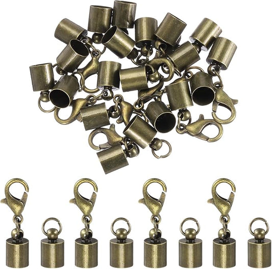 MECCANIXITY Fold Over Cord End Caps Bronze 6mm OD with Crimp Covers Lobster Claw Clasps DIY Jewelry Making for Bracelets and Necklaces Crafting 20 Pcs
