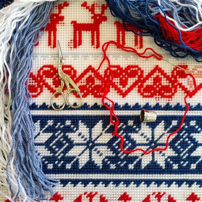 Brvsk Winter Embroidery Kit for Adults and Beginners — Christmas Deer Pattern 16″ × 16″ with Clear, Precise Printed Design on Cotton Canvas; Includes 2 Needles, Yarn, and Easy-Read Chart