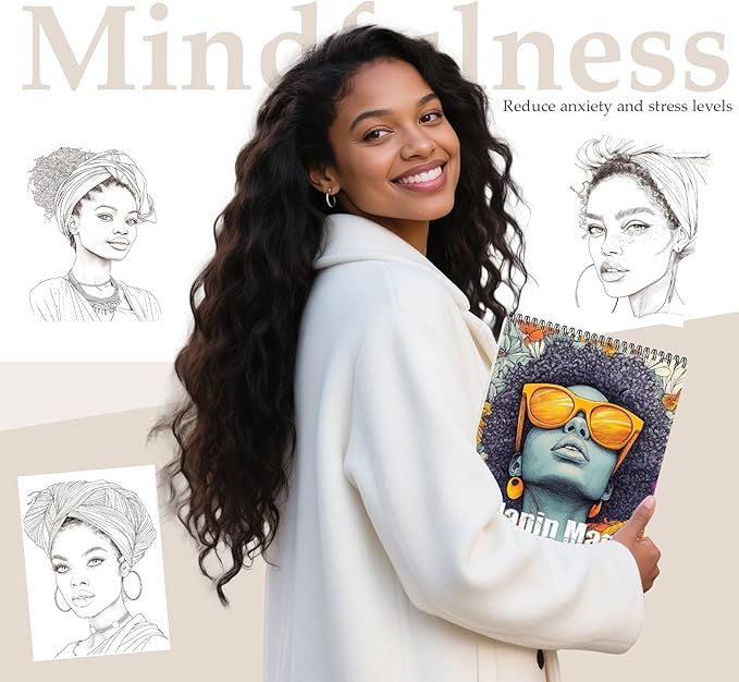 Coloring Books for Adults Relaxation Spiral Bound Printed On One Side, Coloring Book for Women with 24 Patterns One Sided Design, Mindfulness Anxiety Relief Gifts Melanin Magic