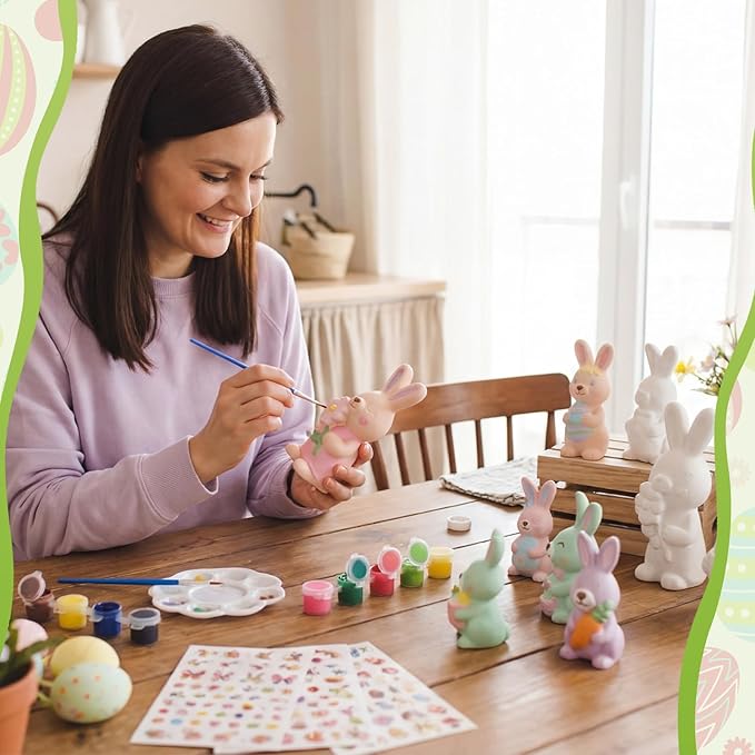 Zubebe 6 Pcs Easter Ceramics to Paint Bunny Kits Ready to Paint Your Own Easter Bunny Figurines 5.1 Inch 3D Unpainted Blank Ceramics with Brush and Palette Rabbit Statues for Craft (Simple Style)