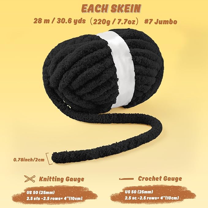 Inhand 8 Pack Chunky Chenille Yarn for Crocheting–30.6 Yards, 7.7oz, Soft Fluffy Thick Yarn,Gifts for Men/Women Birthday Christmas Unique,Hand Knitting for Blankets&DIY Crafts (Black)