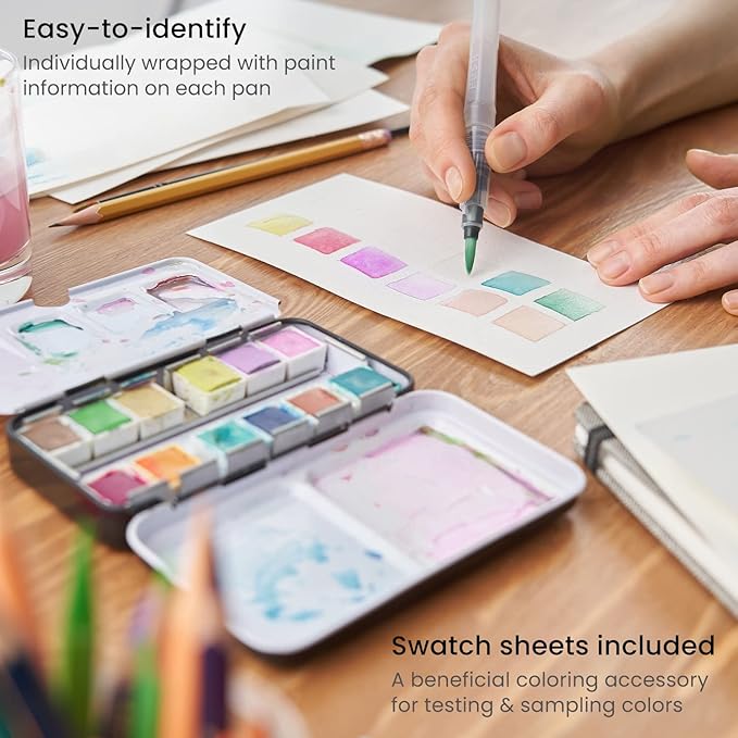 ARTEZA Watercolor Paint Set, 12 Pastel Tones Half Pans, Portable Travel Watercolor Set with Water Brush Pen, Metal Tin, and Swatch Sheets for Washes, Blending, and Watercolor Techniques