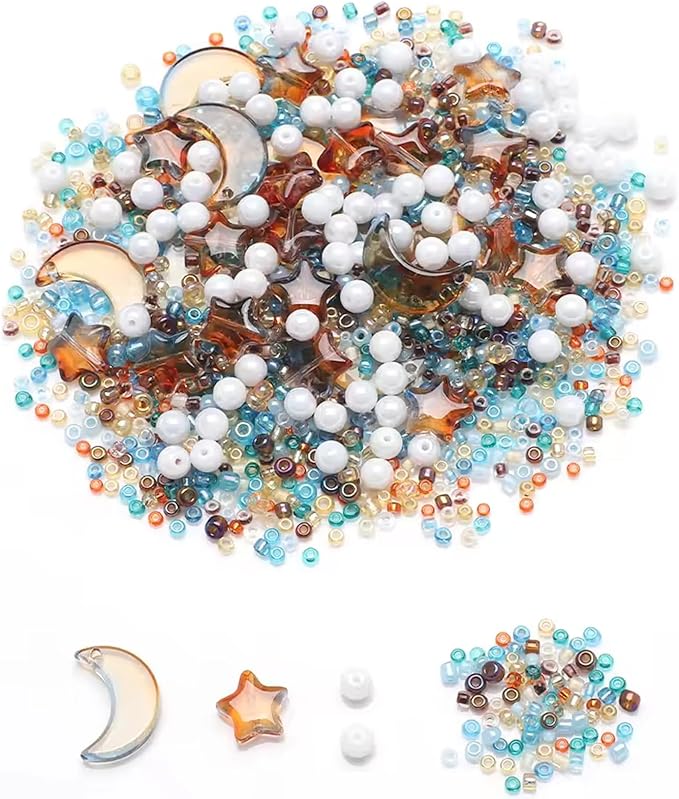 Mixed Star Moon Crystal Glass Beads Seedbeads Loose Round Pearl Beads for Jewelry Making Craft Bracelets Necklaces Earrings DIY Crafts Projects Blue Orange Glass Spacer Bead Kits for Crafts