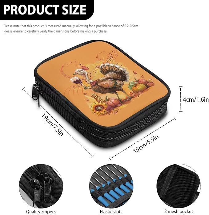 Hechitok Turkey Pumpkin Crochet Hook Case Portable Travel Crochet Storage Bag Organizer Zipper Bags with Web Pocket and Crochet Holder Slots for Crochet Knitting Accessories
