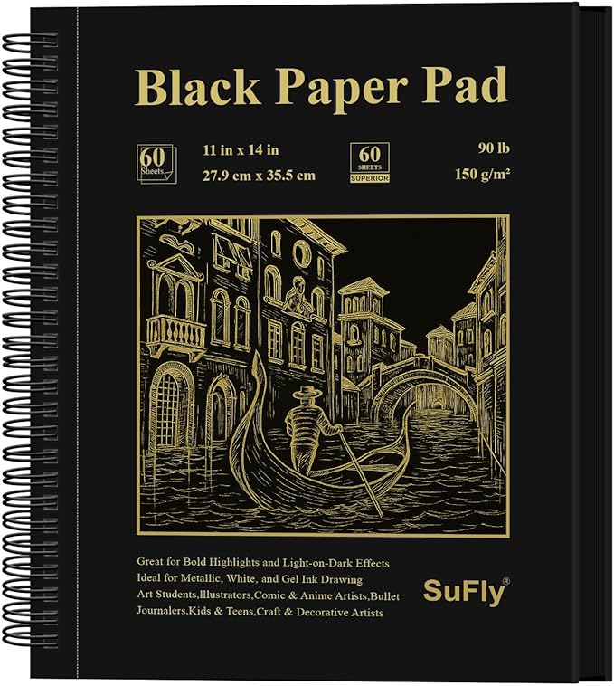 sufly black paper drawing pad, 60 sheets large sketch book 11x14, spiral bound - hardcover,90lb/150gsm black paper notebook for gel pens.