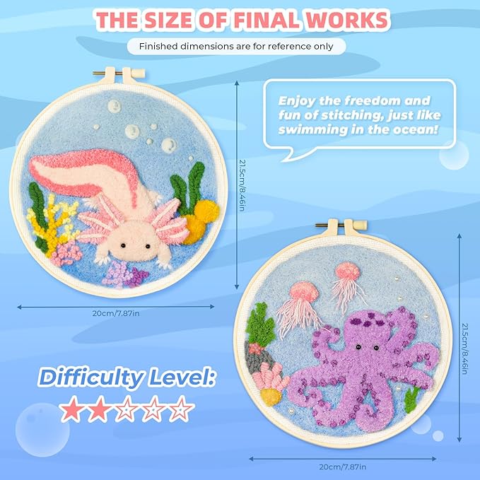 Punch Needle Kits Adults Beginner,Punch Needle kit for Beginners, Embroidery kit for Beginners,Includes All Tools and Materials,Easy to Follow Instructions and Videos-(Axolotl+Octopus)