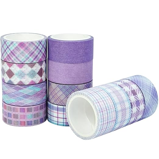 YUBX Basic Grid Washi Tape Set 12 Rolls Plaid Decorative Masking Tapes for Arts, DIY Crafts, Journals, Planners, Scrapbook, Wrapping (Purple)