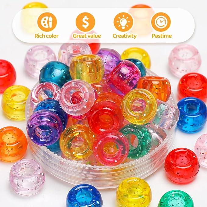 gaganiu pony beads 1100+ pcs – glitter orange plastic kandi beads in jar for bracelets, hair braids, jewelry making & diy crafts