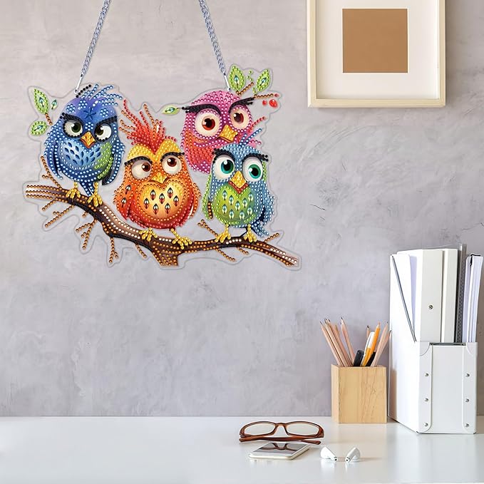 VODAPYC Bird Diamond Art Hanging Kits for Adults, DIY Double Sided Special Shaped Diamond Painting Window Pendant Ornament for Home Decor(Abstractly Bird-3)