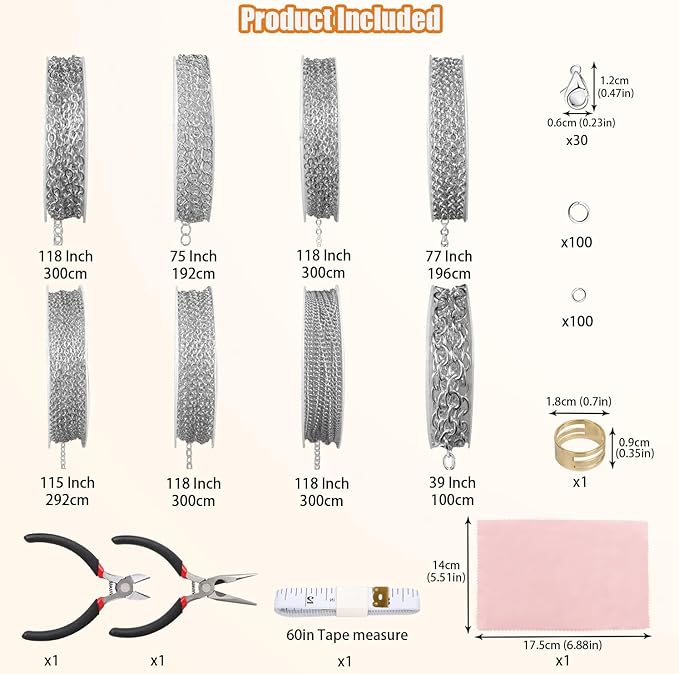 Fesorsi Silver Chain for Jewelry Making, 65ft 8 Style Steel Jewelry Chain, Electroplating Process, for DIY Necklace Chains, Tassel Pendants, with Jump Ring, Lobster Clasp, Pliers