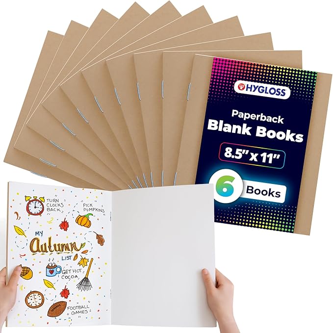 hygloss blank books - bulk 6 pack – 8.5" x 11" a4 kraft paperback blank books for kids to write stories, doodle, arts & crafts – plain drawing sketchbook, unlined journal, notebook without lines