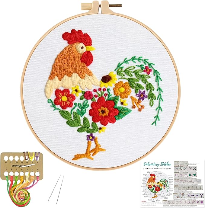 louise maelys funny animal embroidery kits for beginners,cross stitch kit for adults,diy needlepoint with rooster and flower pattern