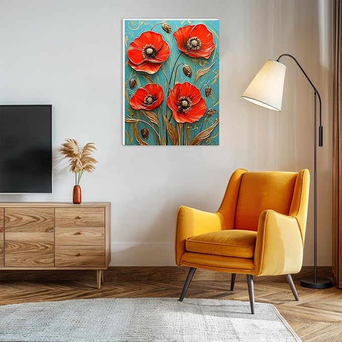 Lxmsja Red Poppies Paint by Numbers Kit for Adults, Acrylic Landscape Paint by Numbers for Adults Beginner, DIY Craft Supplies Oil Painting Kits for Home Wall Decor 12x16 inch (Framed)