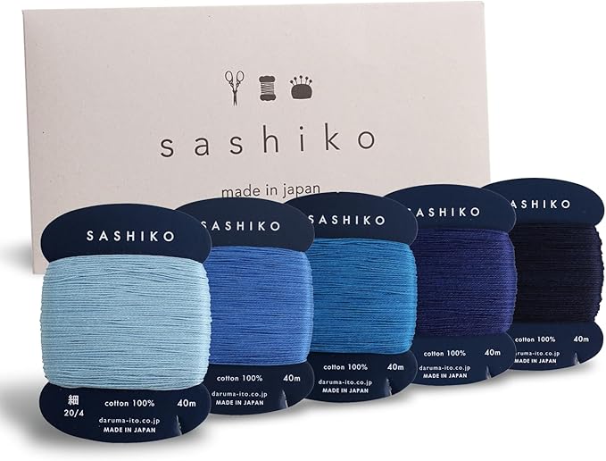 DARUMA Sashiko Thread 100% Cotton Card Type (43.7 yd) x 5 Colors with English Manual, Sewing & Embroidery Value Set with Gift Package(Thin, Amaoto)
