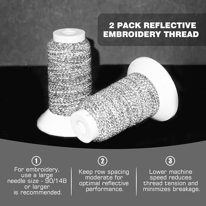 Reflective Embroidery Machine Thread for Sewing, 2 Pack Reflect High-Visibility Polyester Sewing Thread Supplies 200M(218Yds) Each Spool Perfect for Hand Embroidery DIY Crafts (Black)