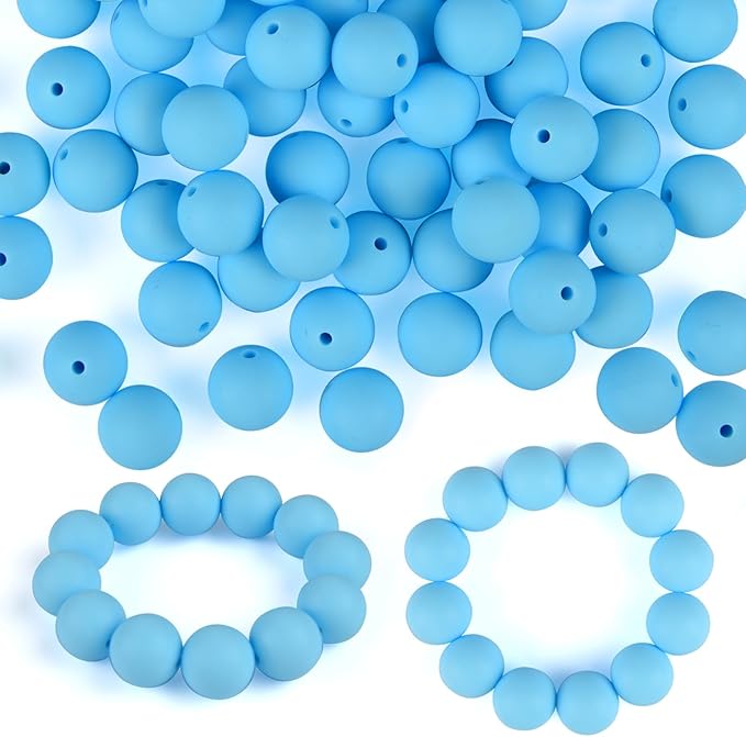 ASTARON 100 Pcs 15mm Silicone Beads for Keychain Making, Light Blue Round Rubber Beads Bulk for Bracelets Beadable Pens Decorations Crafts Supplies