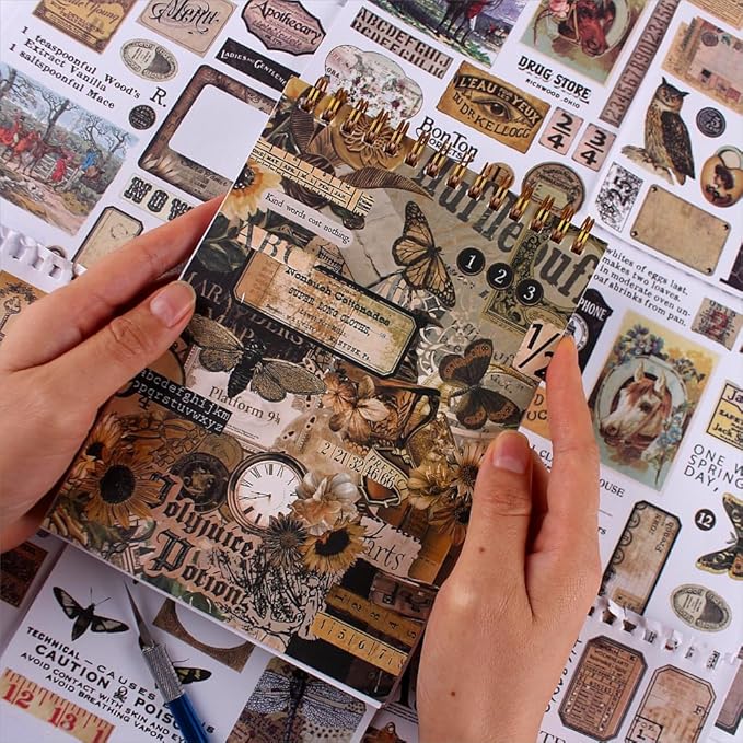 900Pcs Mini Scrapbook Washi Stickers for Journaling, 50 Sheets Vintage Sticker Book, Ephemera for Junk Journal Supplies Bullet Journals, Scrapbooking, DIY Crafts Arts