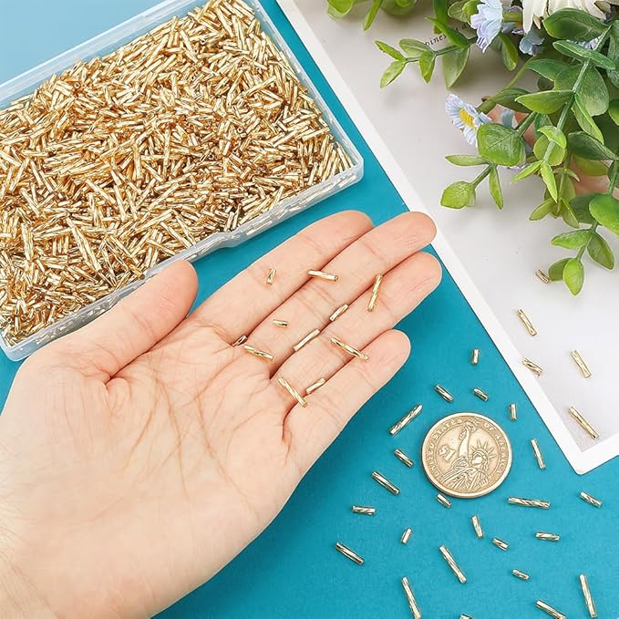 PH PandaHall 1600Pcs 4 Sizes Glass Bugle Beads, Golden Long Tube Seed Bead 5/6/9/12x2mm Loose Spacer Bead with 0.5mm Round Hole for Earring Bracelet Neckalce Jewelry DIY Craft Making Dress Decor