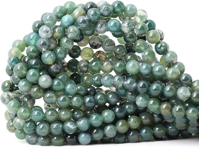 60PCS 6mm Natural Moss Agate Gemstone Round Loose Beads for Jewelry Making DIY 1 Strand 15"