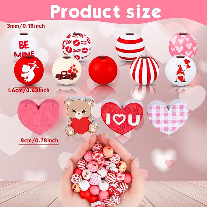200 Pcs Valentines Day Wood Beads Pink White Hearts Beads Colorful Plaid Wooden Round Craft Wooden Natural Rustic Craft Kits for DIY Crafts Garland Party Supplies Decor