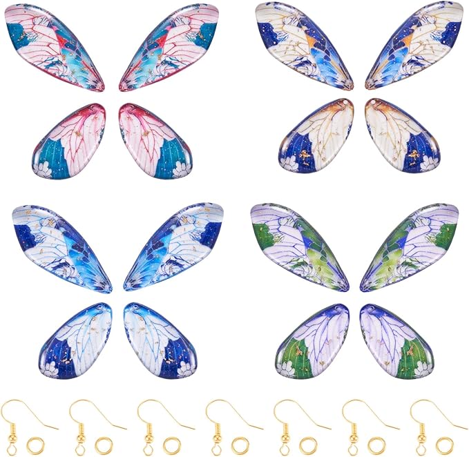 FASHEWELRY 16Pcs Transparent Resin Butterfly Wing Charms for Jewelry Making, Flower Leaf Print Colorful Insects Wing Pendant Earrings Making Kit with Earring Hook Jump Rings