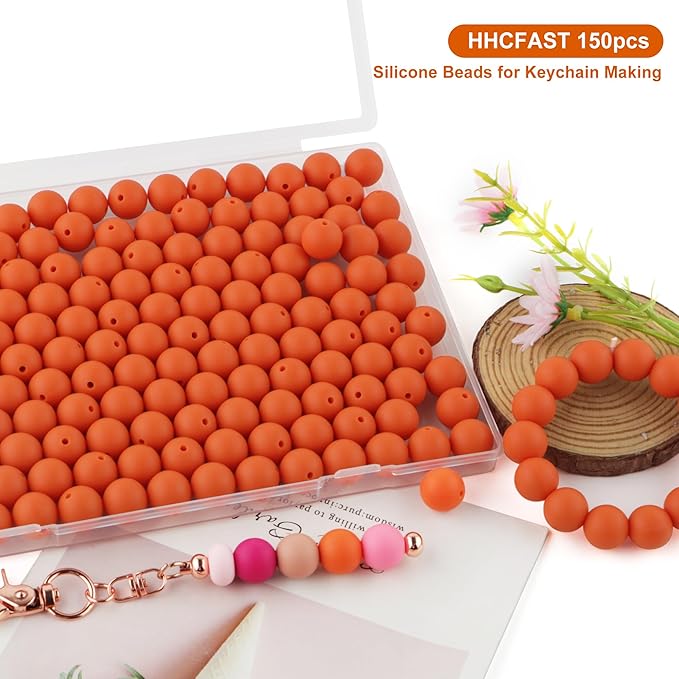 160Pcs 12mm Silicone Beads for Keychain Making Bracelet Necklace, Bulk Round Silicone Beads for Pens(Dark Orange)