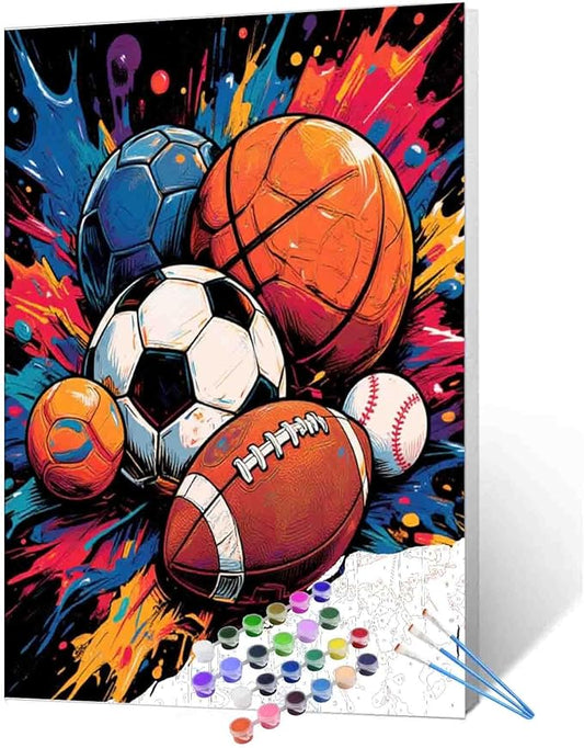 Sports Ball Paint by Numbers Kit for Adults Beginners on Canvas,Football,Basketball,Soccer,Baseball DIY Oil Painting Crafts Acrylic Paintwork for Home Wall Decor Gifts 16X20 Inch(Frameless)
