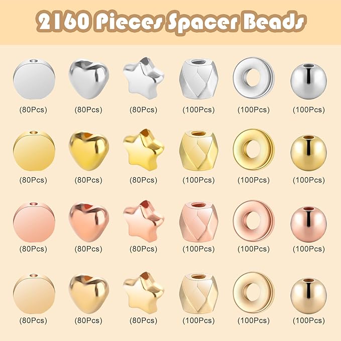 Gold Spacer Beads 2160 Pieces Bracelet Beads for DIY Jewelry Making(Gold, Sliver, Rose Gold, KC Gold)
