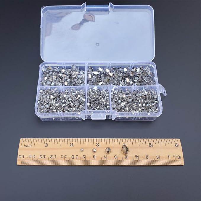 Clear Grey Bicone Glass Beads for Jewelry Making, Faceted Crytal Spacer Beads for Bracelet Necklace Earring (3mm 4mm 6mm 8mm Mixed Sizes, 1040pcs)