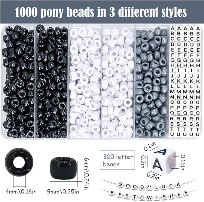 MIIIM 1300 Pcs Pony Beads Kit for Friendship Bracelet, 4 Styles Kandi Bracelet Kit in Box with Individual Compartments, Hair Beads for Braids, Letters (Black and White)
