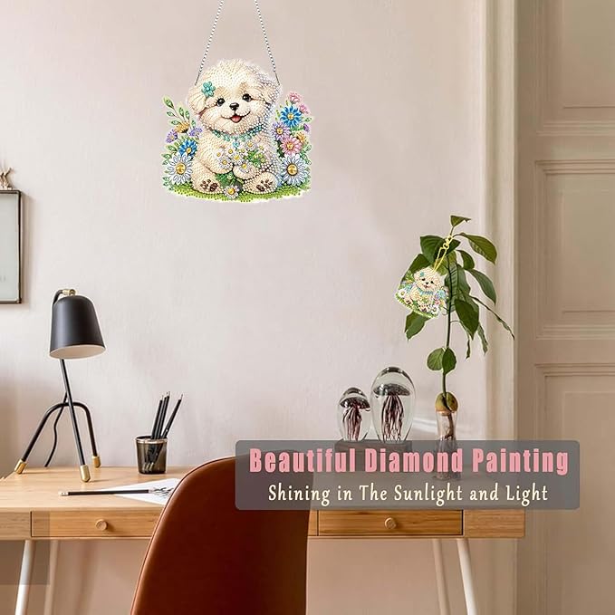 Masendp Dog and Flower Diamond Painting Double-Sided Hanging Ornament Set, DIY Irregular Shaped Rhinestone Window Decoration Set, Suitable for Home and Garden Wall Decoration Gifts