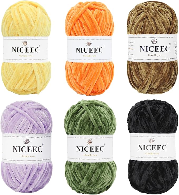 NICEEC 6 Skeins Soft Chenille Yarn Assorted Colors Blanket Yarn for Knitting Fancy Yarn for Crochet Weaving DIY Craft Total Length 6×85m (6×93yds, 6×50g)_Halloween Series