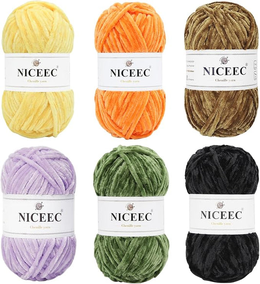 NICEEC 6 Skeins Soft Chenille Yarn Assorted Colors Blanket Yarn for Knitting Fancy Yarn for Crochet Weaving DIY Craft Total Length 6×85m (6×93yds, 6×50g)_Halloween Series