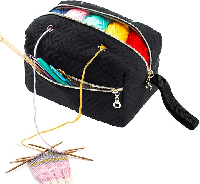 Small Crochet Bag Organizer - Knitting Yarn Storage for Crocheting Holder Accessories, Needles, Hooks, Gifts, Black, (AM370)