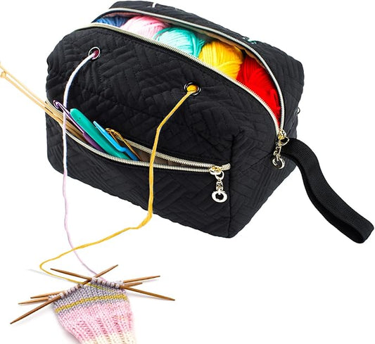 Small Crochet Bag Organizer - Knitting Yarn Storage for Crocheting Holder Accessories, Needles, Hooks, Gifts, Black, (AM370)